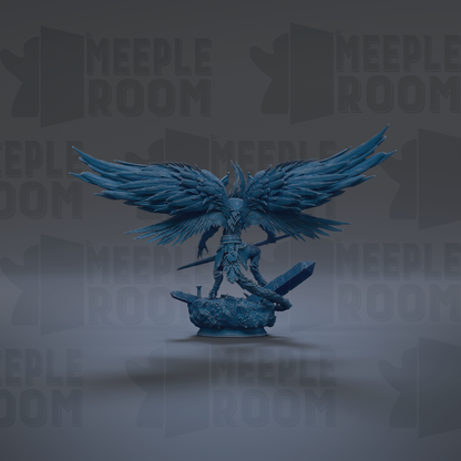 A blue winged statue with a sword stands against a dark background with repeated "MEIPLE ROOM" text.