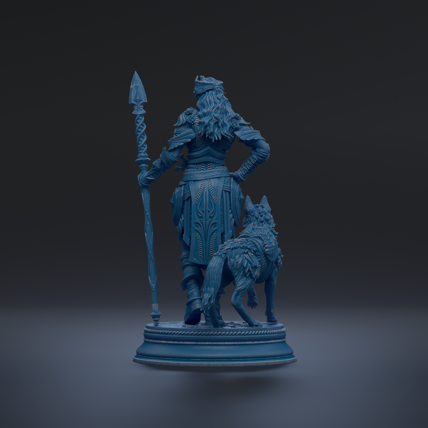 A blue statue of a warrior standing with a dog.