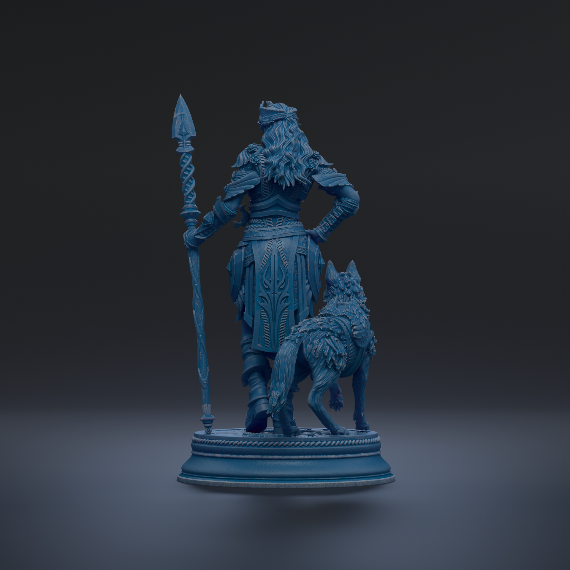 A blue statue of a warrior standing with a dog.