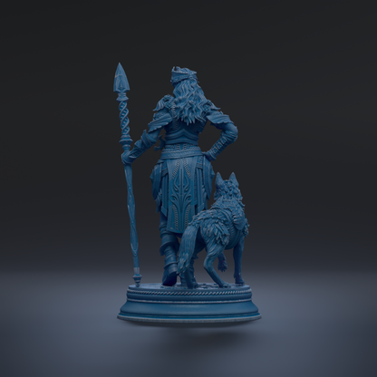 A blue statue of a warrior standing with a dog.