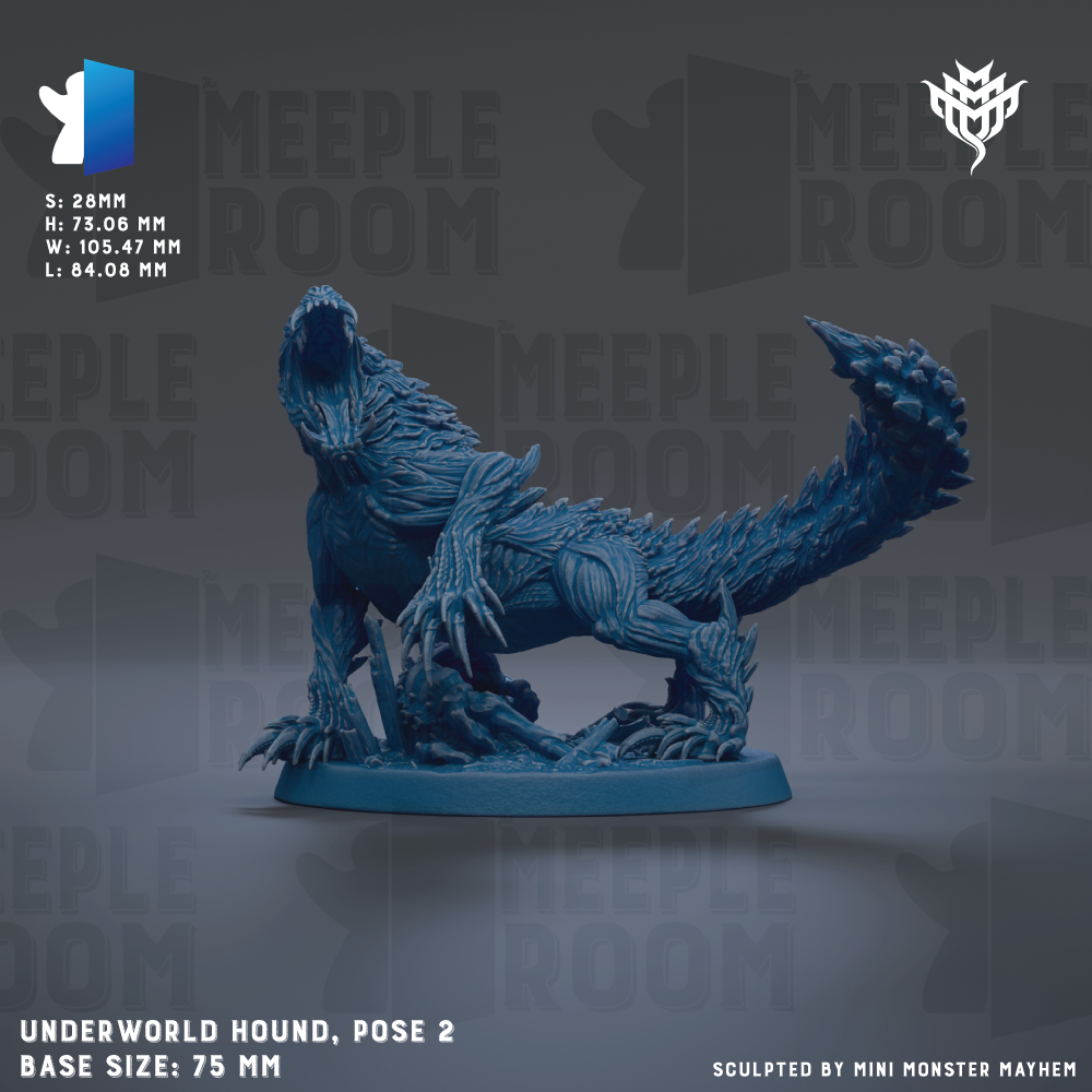 a blue, 3D-rendered depiction of a mythical creature, likely a mythical beast or monster, with sharp teeth and claws. The creature is posed in a crouching or standing position, giving it a dynamic and imposing appearance. The image is described as a "MEIPLE ROOM" and is labeled as a "UNDERWORLD HOUND, POSE 2" in the provided caption. The base size of the figure is 75 millimeters. The image is described as being "SOLID" and "SCULPTED BY MINI MONSTER MAYHEM".