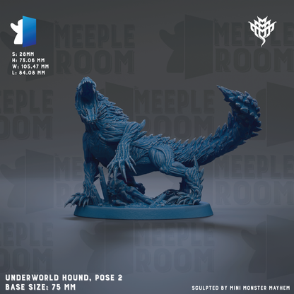 a blue, 3D-rendered depiction of a mythical creature, likely a mythical beast or monster, with sharp teeth and claws. The creature is posed in a crouching or standing position, giving it a dynamic and imposing appearance. The image is described as a "MEIPLE ROOM" and is labeled as a "UNDERWORLD HOUND, POSE 2" in the provided caption. The base size of the figure is 75 millimeters. The image is described as being "SOLID" and "SCULPTED BY MINI MONSTER MAYHEM".