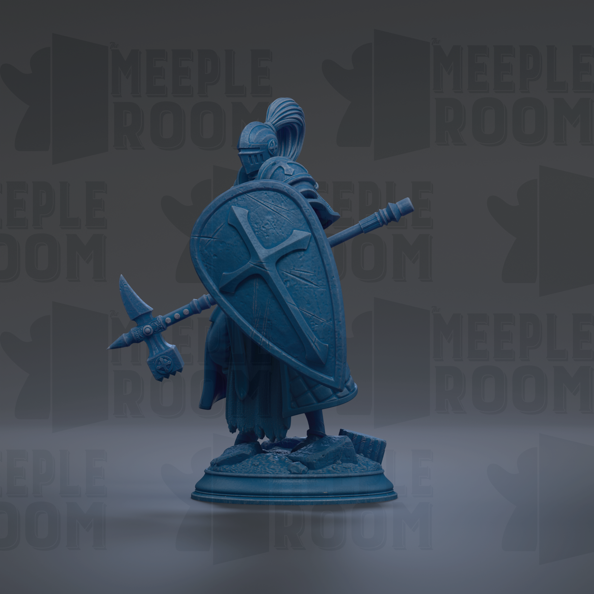 A blue statue of a knight holding a shield and sword, standing on a base.