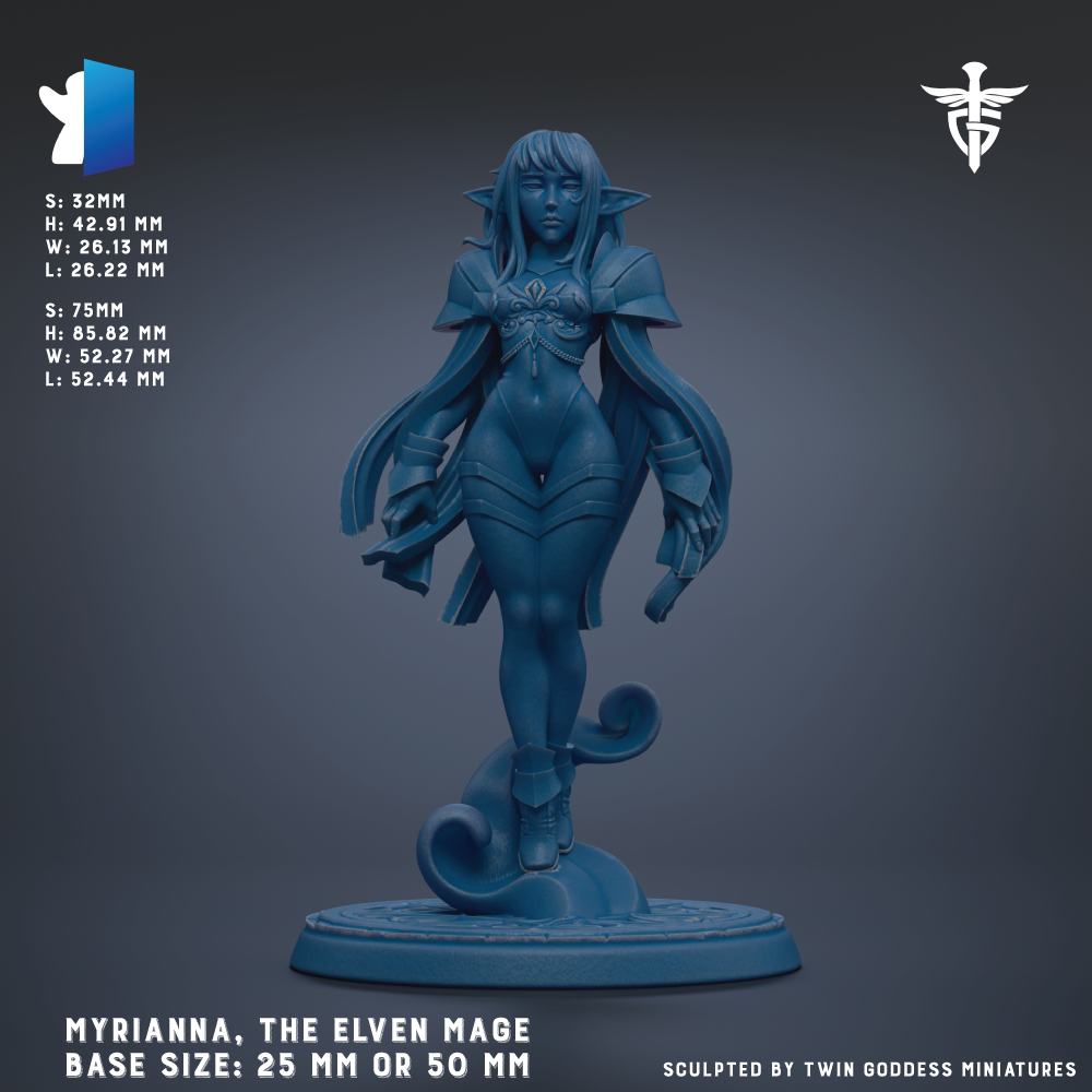The image is a 3D rendering of a female character, specifically Myrrianna, the elf from the video game "The Elvish". The character is depicted in a blue color, standing on a base that is either 25 mm or 50 mm in size. The image is a detailed representation of the character, showcasing her features and attire.