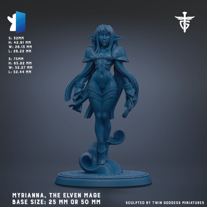 The image is a 3D rendering of a female character, specifically Myrrianna, the elf from the video game "The Elvish". The character is depicted in a blue color, standing on a base that is either 25 mm or 50 mm in size. The image is a detailed representation of the character, showcasing her features and attire.