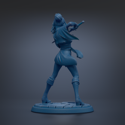 A 3D rendering of a female character in a fighting stance, holding a weapon and appearing ready for action.