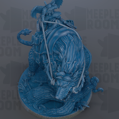 A detailed 3D rendering of a blue dragon-like creature with wings, horns, and a tail, mounted on a horse-like creature. The dragon is holding a sword in its mouth, and the horse is carrying a rider on its back. The background features a dark, textured pattern with the word "MEELPLOOOM" repeated multiple times.