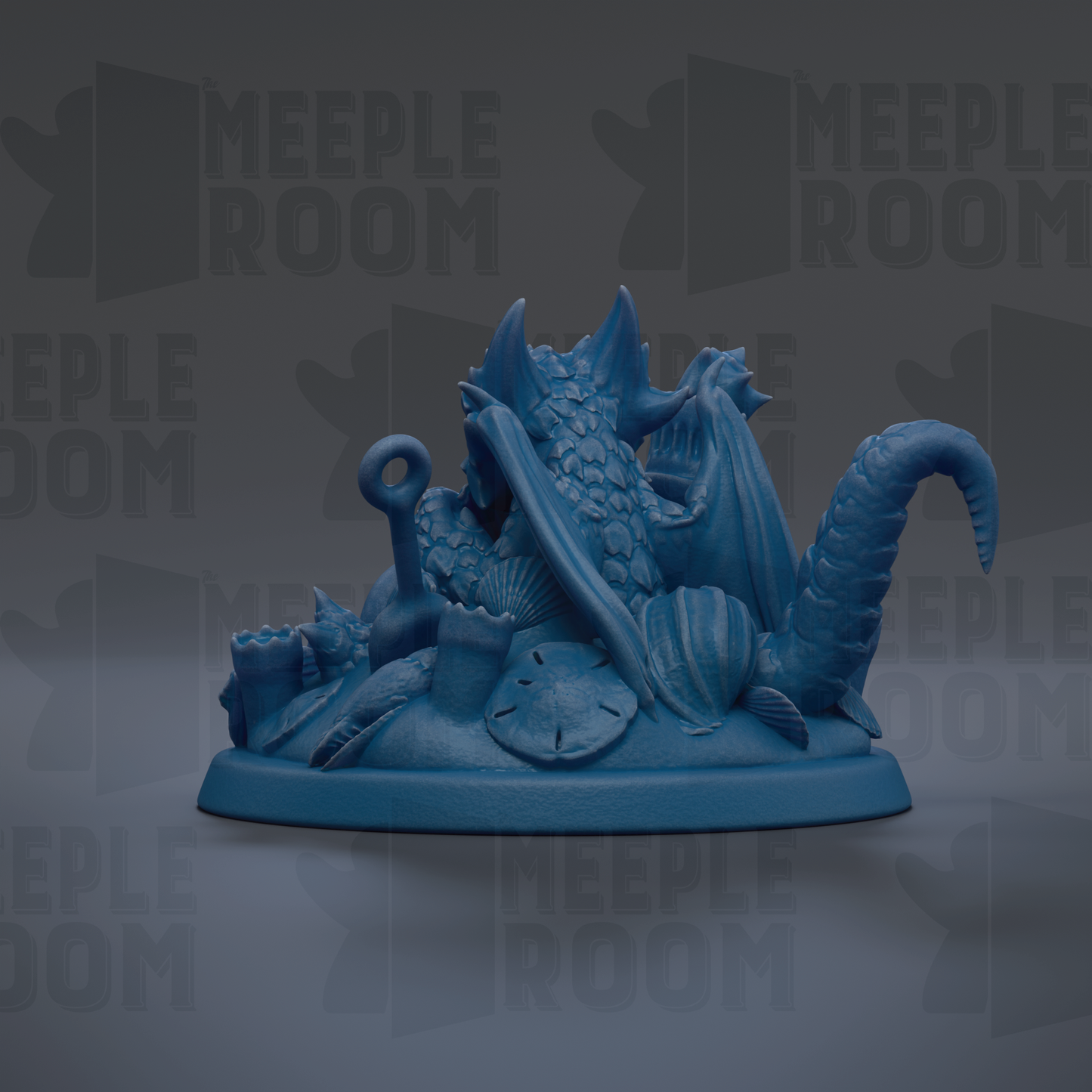 A blue figurine of a dragon-like creature with sharp teeth and claws, sitting on a base with seashells and other natural elements.