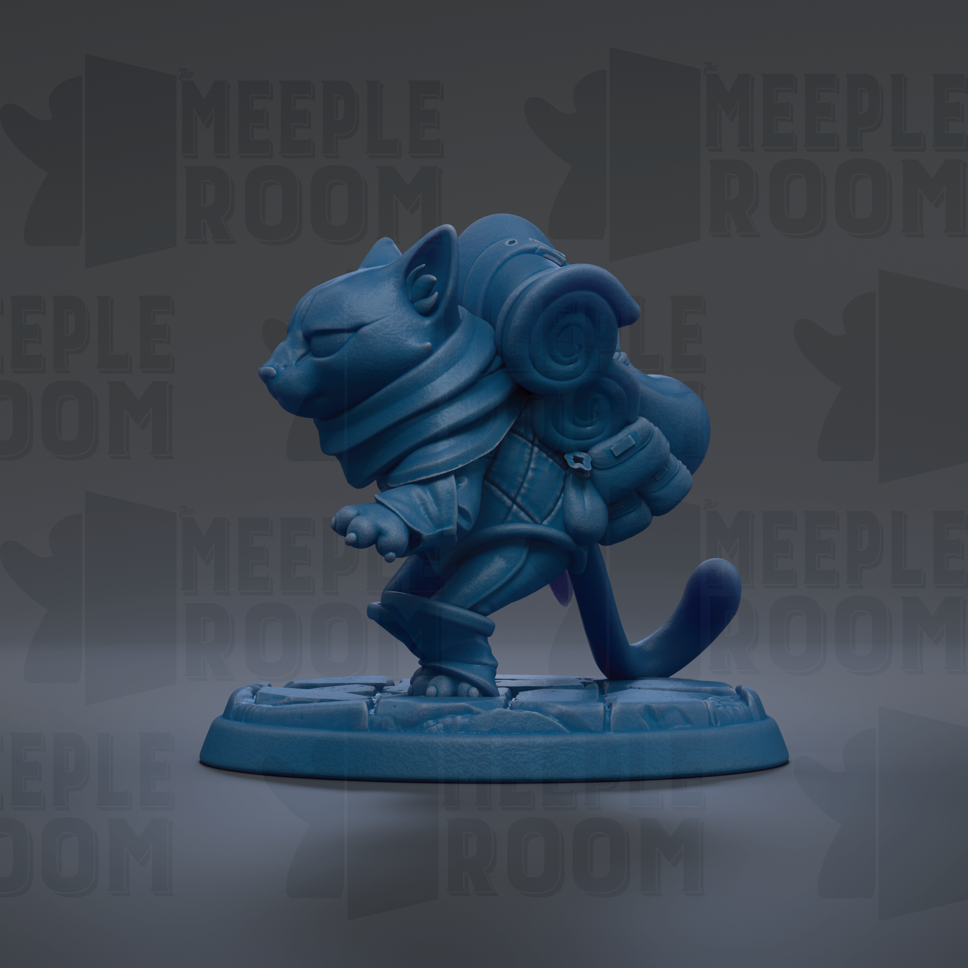 A blue figurine of a cat-like creature with a backpack, standing on a platform against a dark background with repeated text.