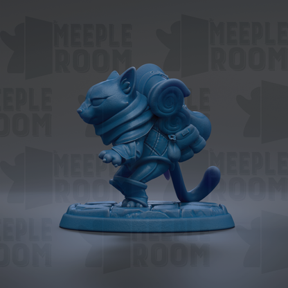 A blue figurine of a cat-like creature with a backpack, standing on a platform against a dark background with repeated text.