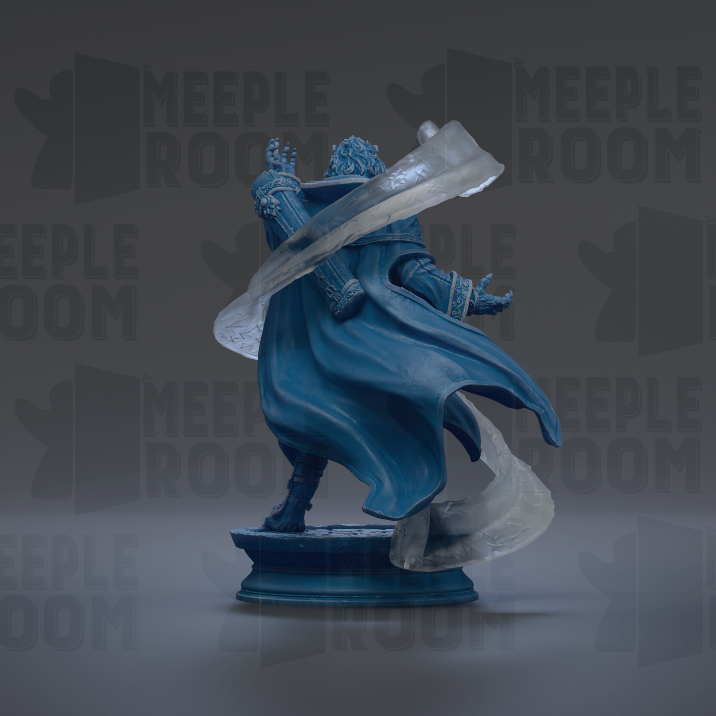 A blue statue of a figure with flowing robes and a cape, standing on a pedestal against a dark background with repeated text.