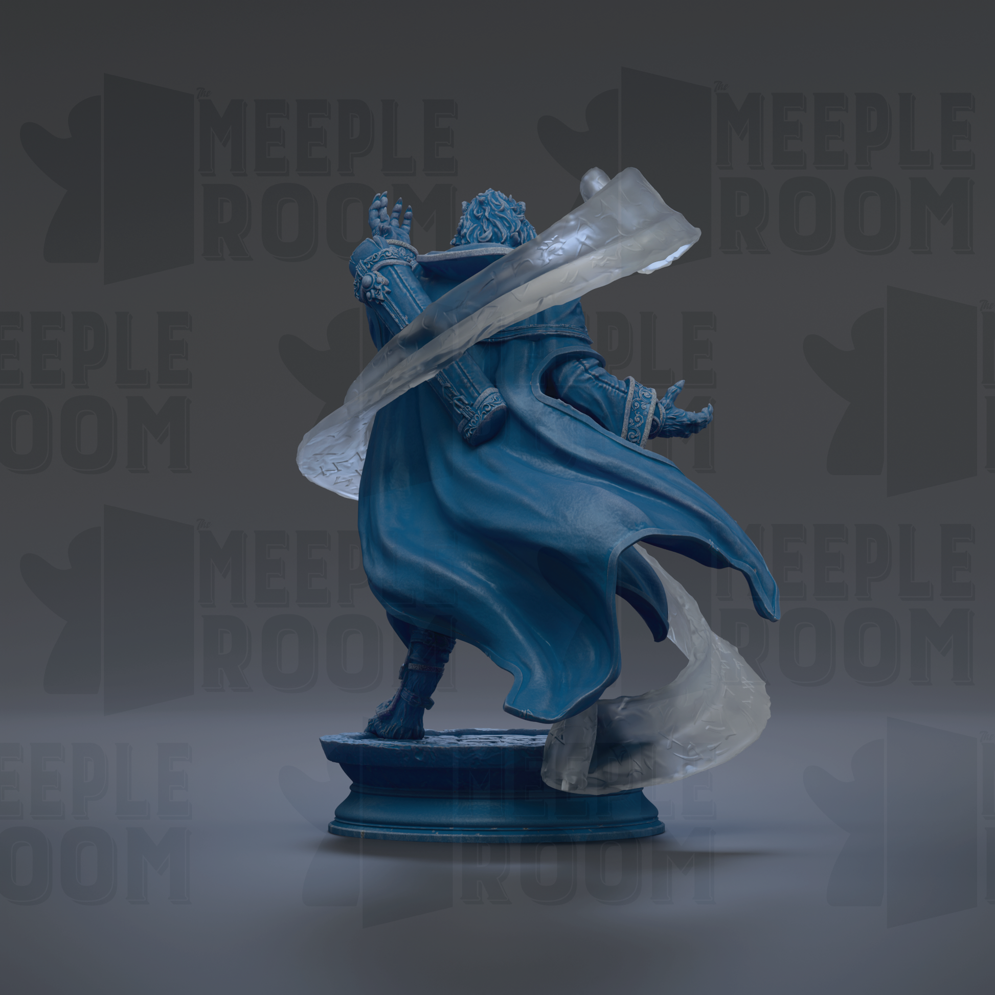 A blue statue of a figure with flowing robes and a cape, standing on a pedestal against a dark background with repeated text.
