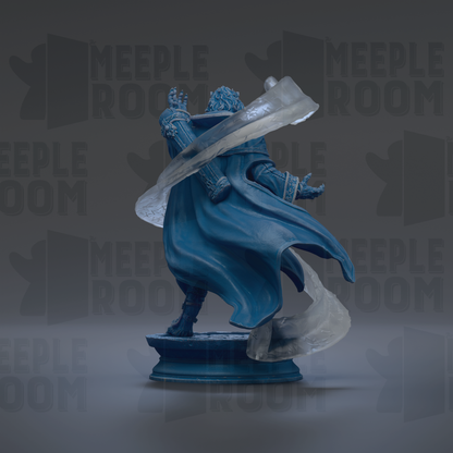 A blue statue of a figure with flowing robes and a cape, standing on a pedestal against a dark background with repeated text.