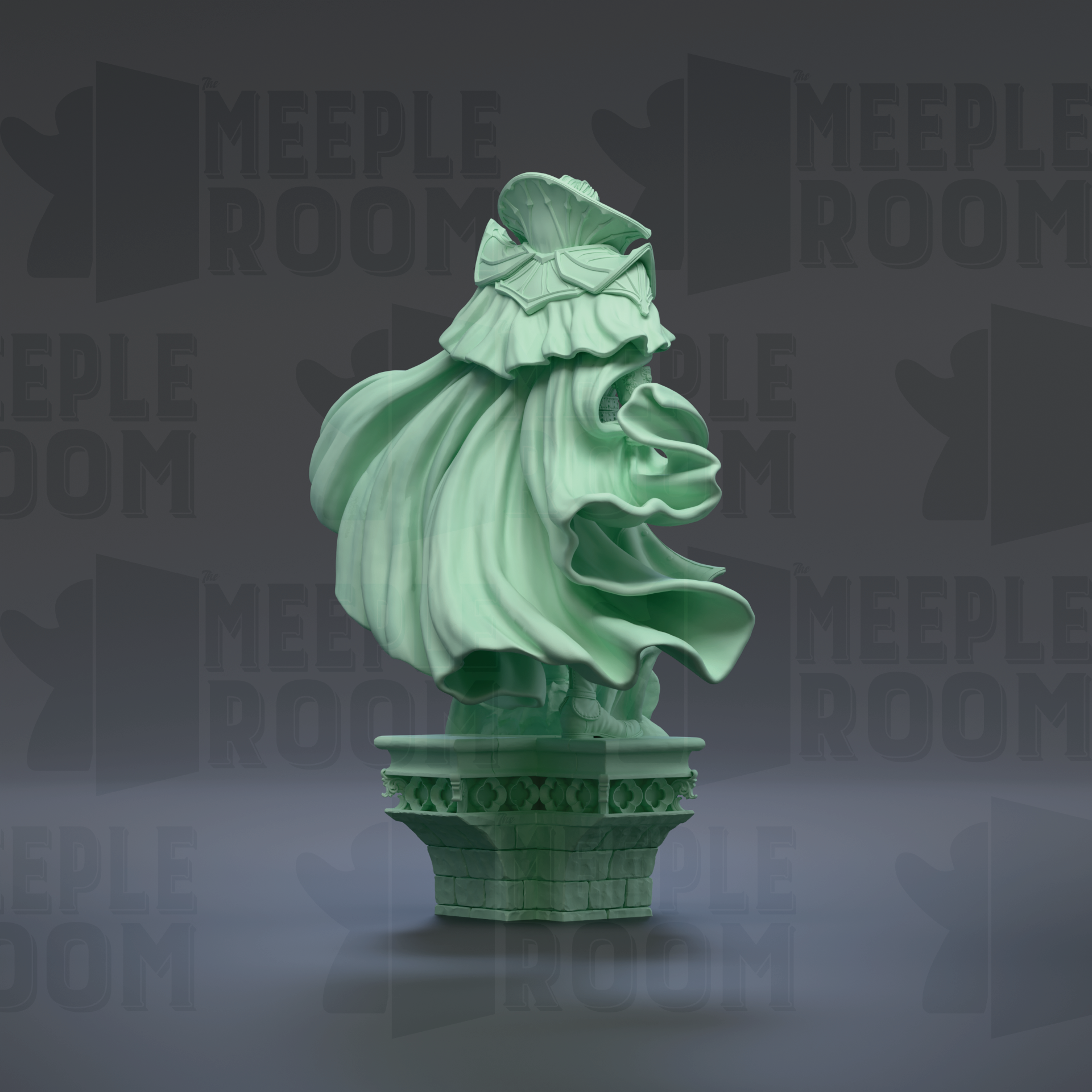 A green statue of a woman with flowing hair and a flowing dress stands on a pedestal against a dark background with repeated text.