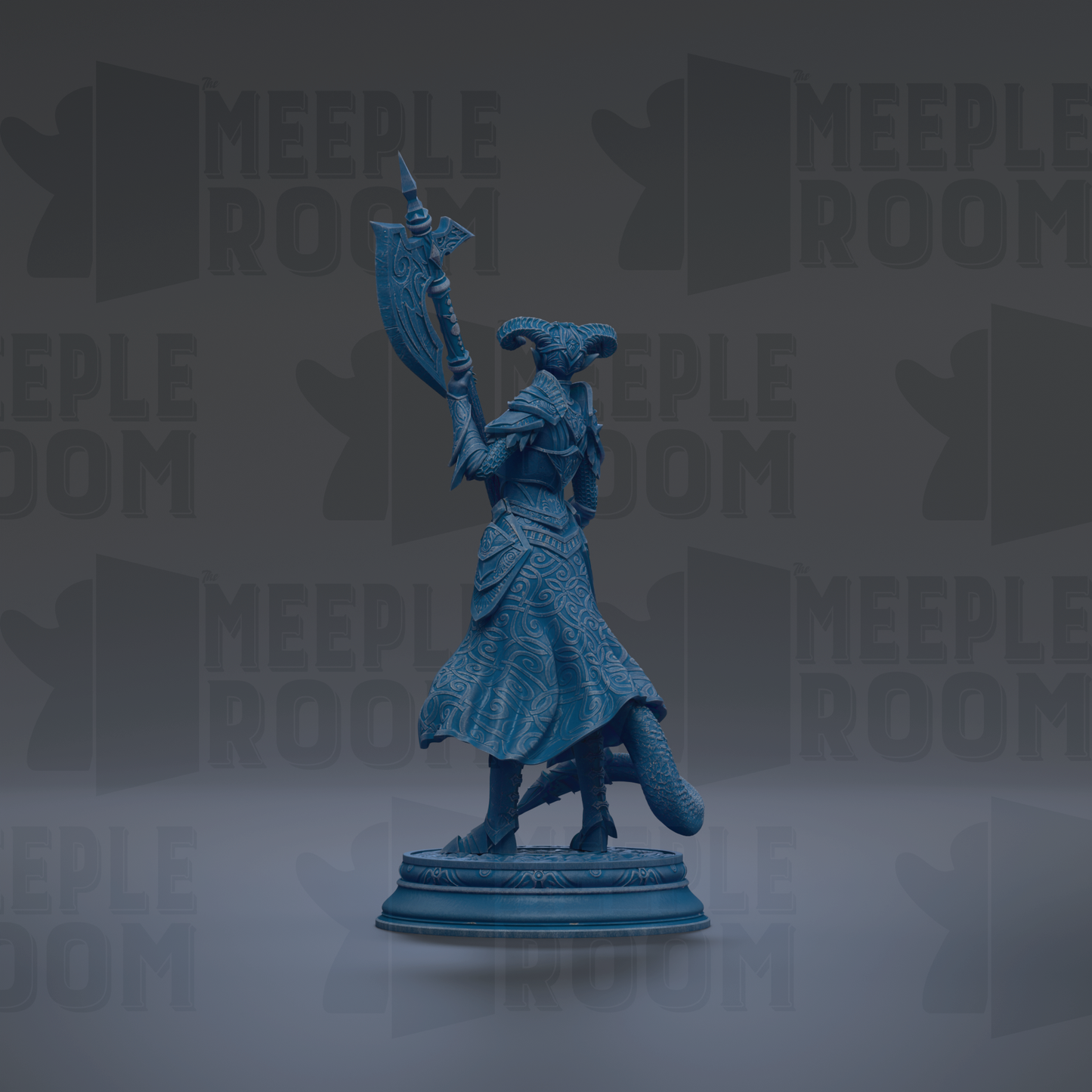 A blue statue of a woman holding a sword and shield stands on a pedestal against a dark background with repeated "MEIPLLE ROOM" text.
