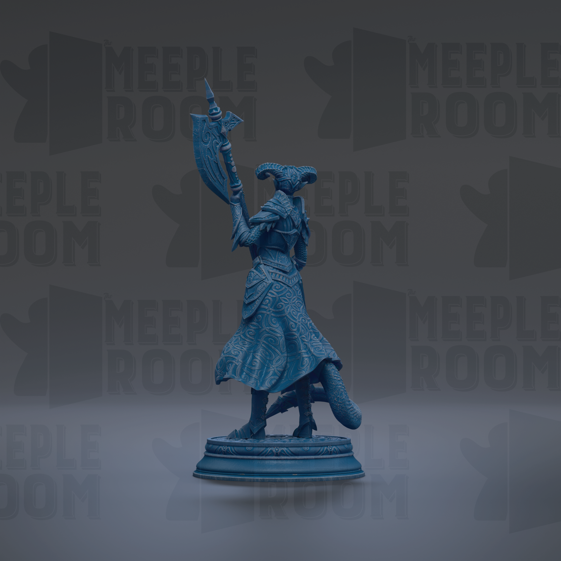 A blue statue of a woman holding a sword and shield stands on a pedestal against a dark background with repeated "MEIPLLE ROOM" text.