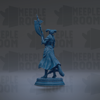 A blue statue of a woman holding a sword and shield stands on a pedestal against a dark background with repeated "MEIPLLE ROOM" text.