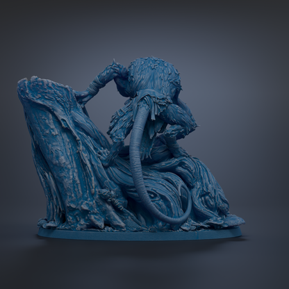 A 3D rendering of a fantastical creature with a large head, long trunk, and intricate details, set against a dark background.