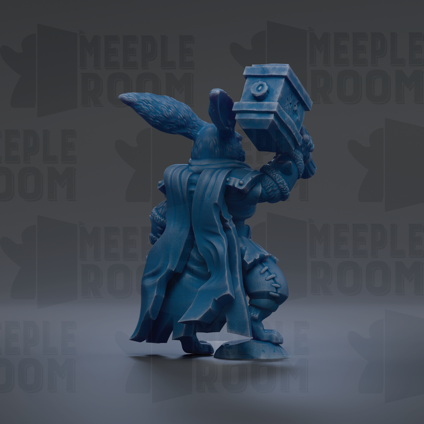 A blue figurine of a character with a large hammer in its hand, standing against a dark background with repeated text.