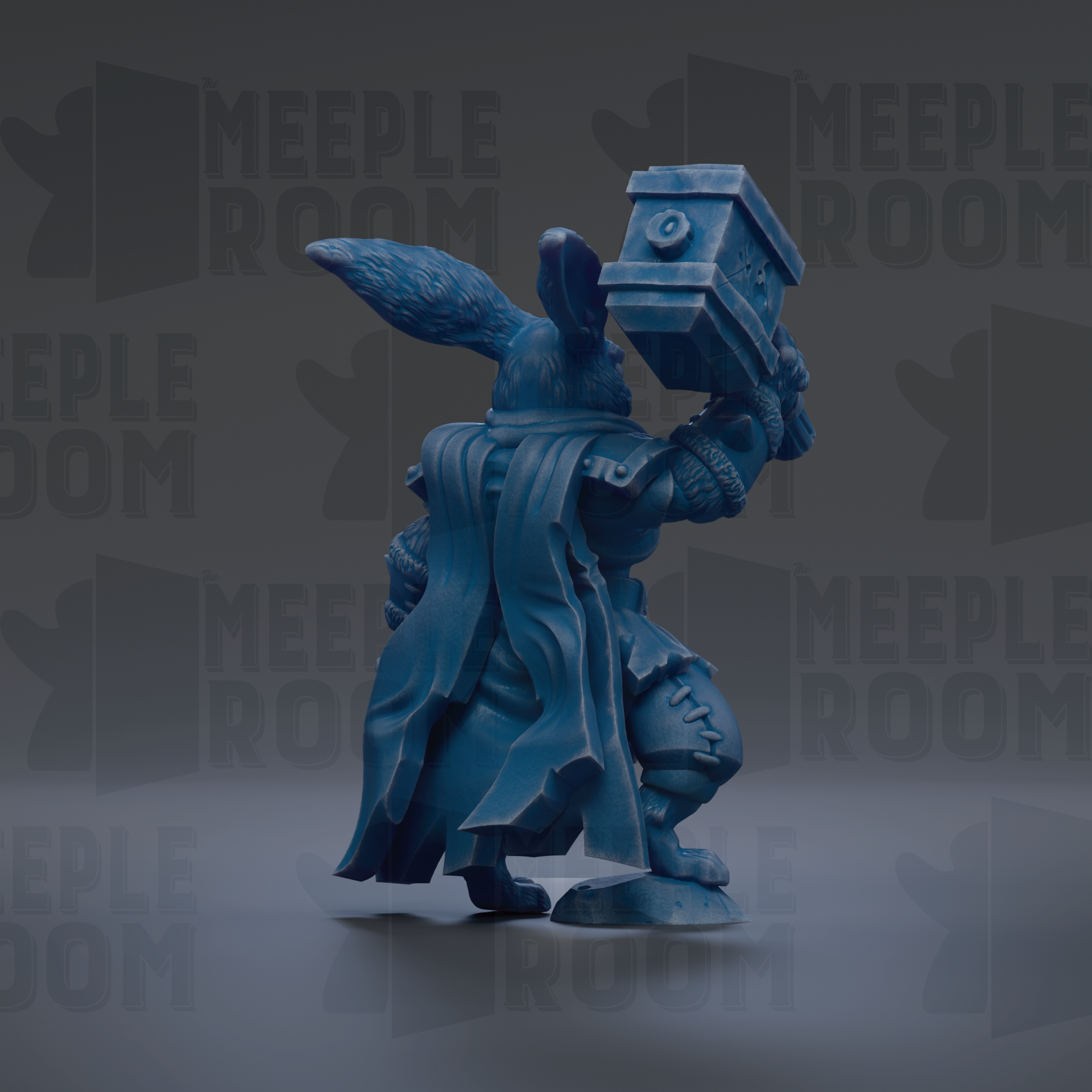 A blue figurine of a character with a large hammer in its hand, standing against a dark background with repeated text.