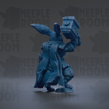 A blue figurine of a character with a large hammer in its hand, standing against a dark background with repeated text.