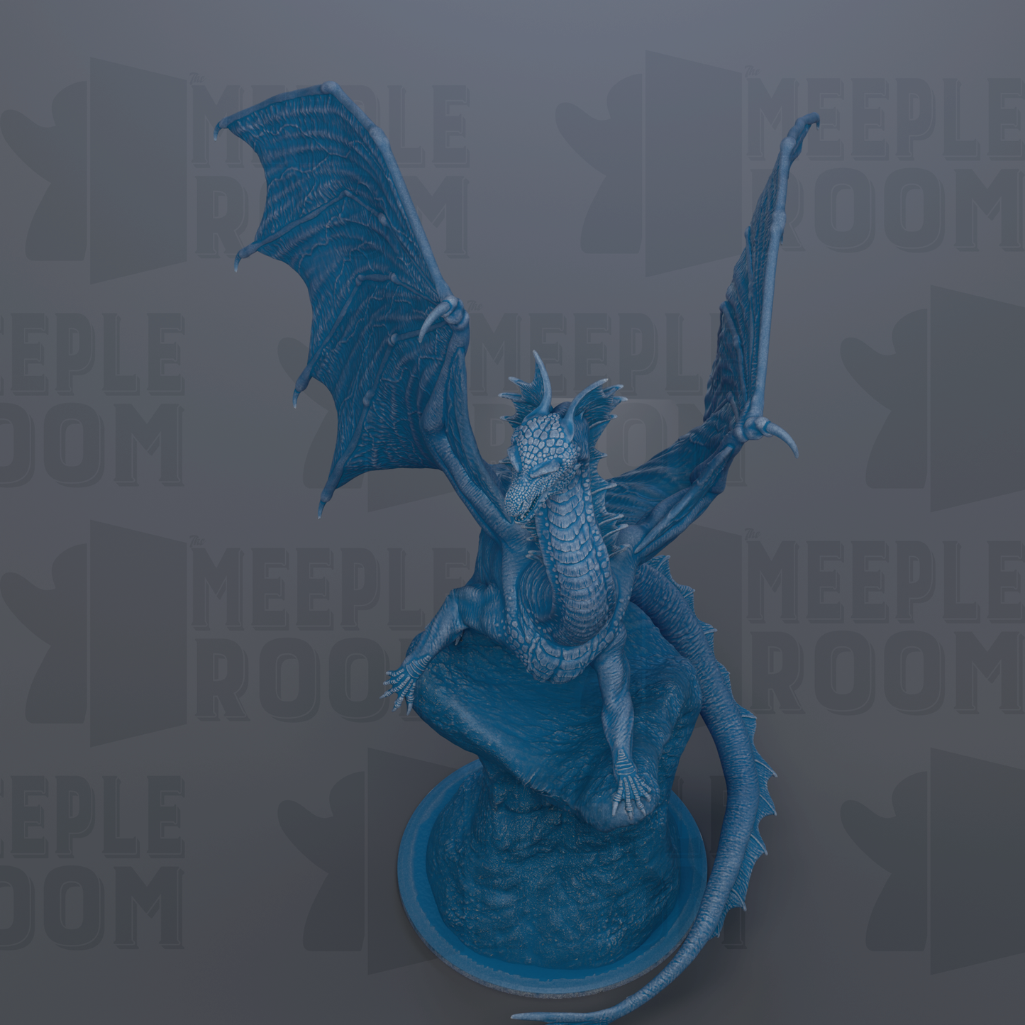 A blue dragon statue with wings spread, sitting on a rock.