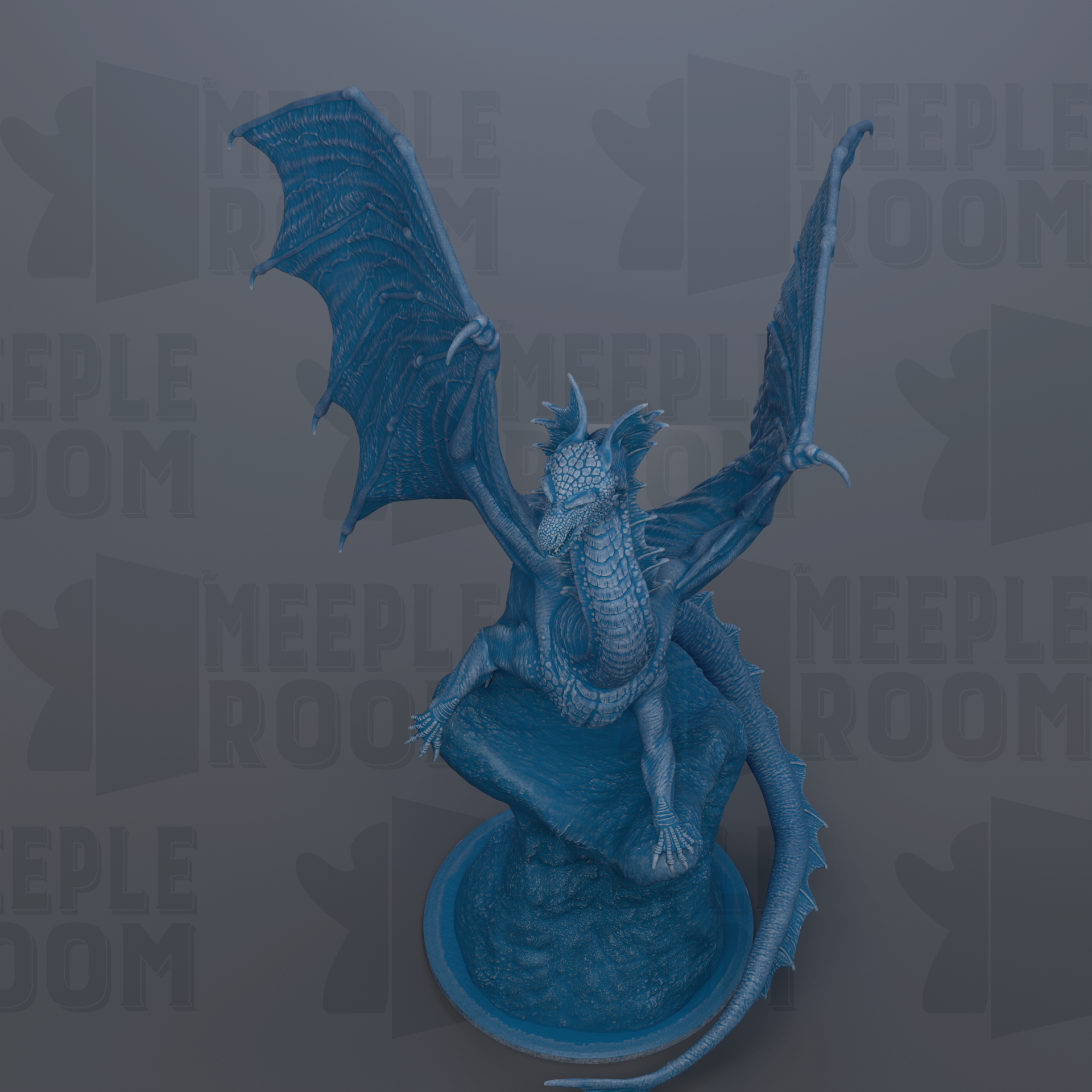 A blue dragon statue with wings spread, sitting on a rock.