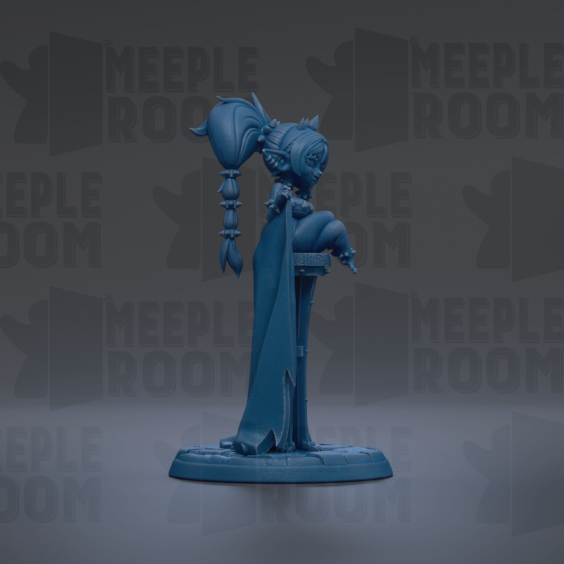 A blue figurine of a person sitting on a pedestal, with the text "MEUPLE ROOM" repeated in the background.