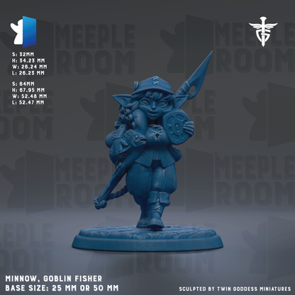 The image is a figurine of a character named Minnow, a type of elf, from the game Meeple Room. The figurine is depicted in a dynamic pose, holding a shield and a sword. The figurine is set against a dark background with the text "MEEPLE ROOM" repeated multiple times. The base size of the figurine is 25mm or 50mm. The figurine is sculpted by Twin Goddess Miniatures.