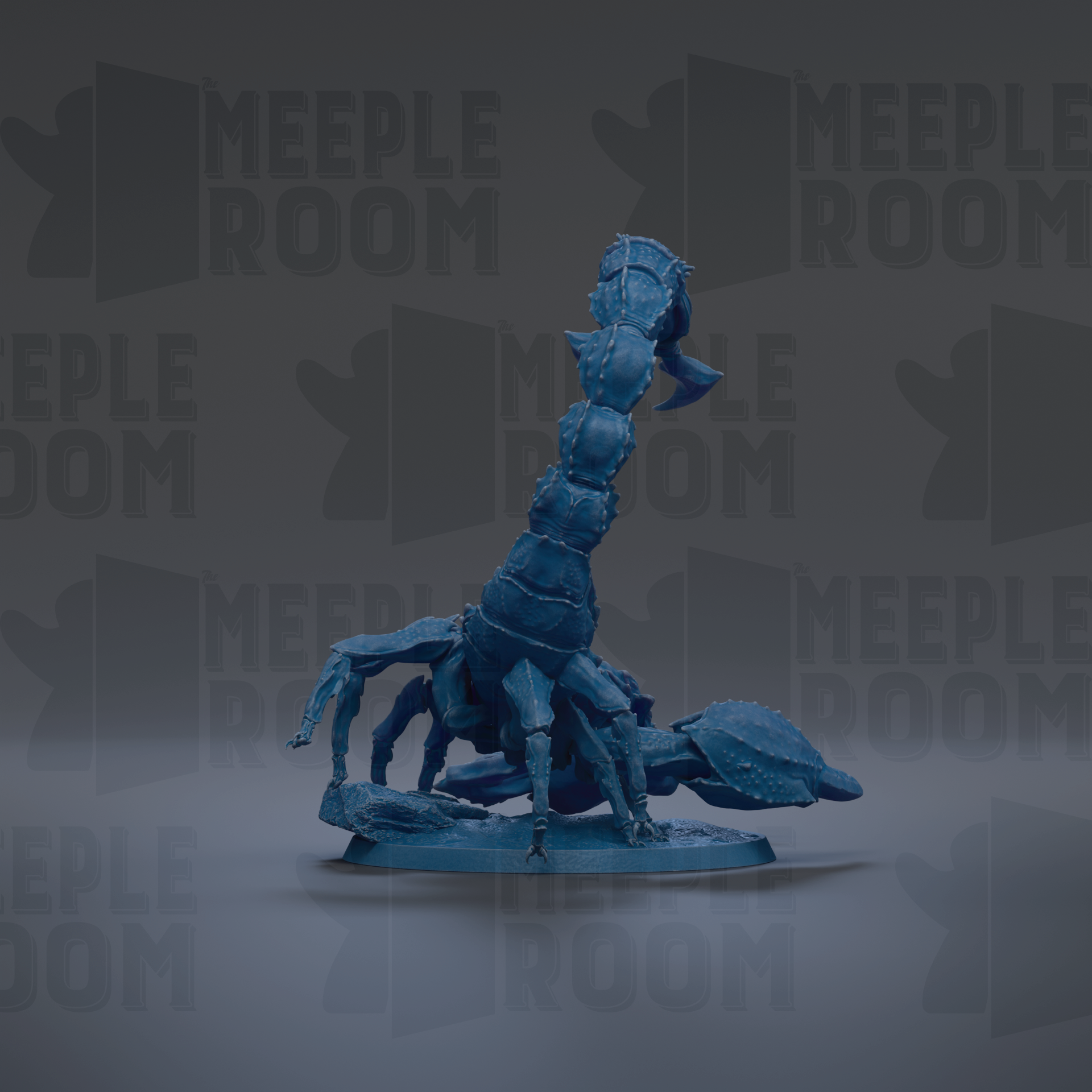 A blue, elongated, and textured figurine resembling a crawling or crawling creature, possibly a type of insect or spider, against a dark background with repeated text.
