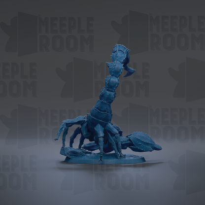 A blue, elongated, and textured figurine resembling a crawling or crawling creature, possibly a type of insect or spider, against a dark background with repeated text.