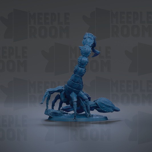 A blue, elongated, and textured figurine resembling a crawling or crawling creature, possibly a type of insect or spider, against a dark background with repeated text.