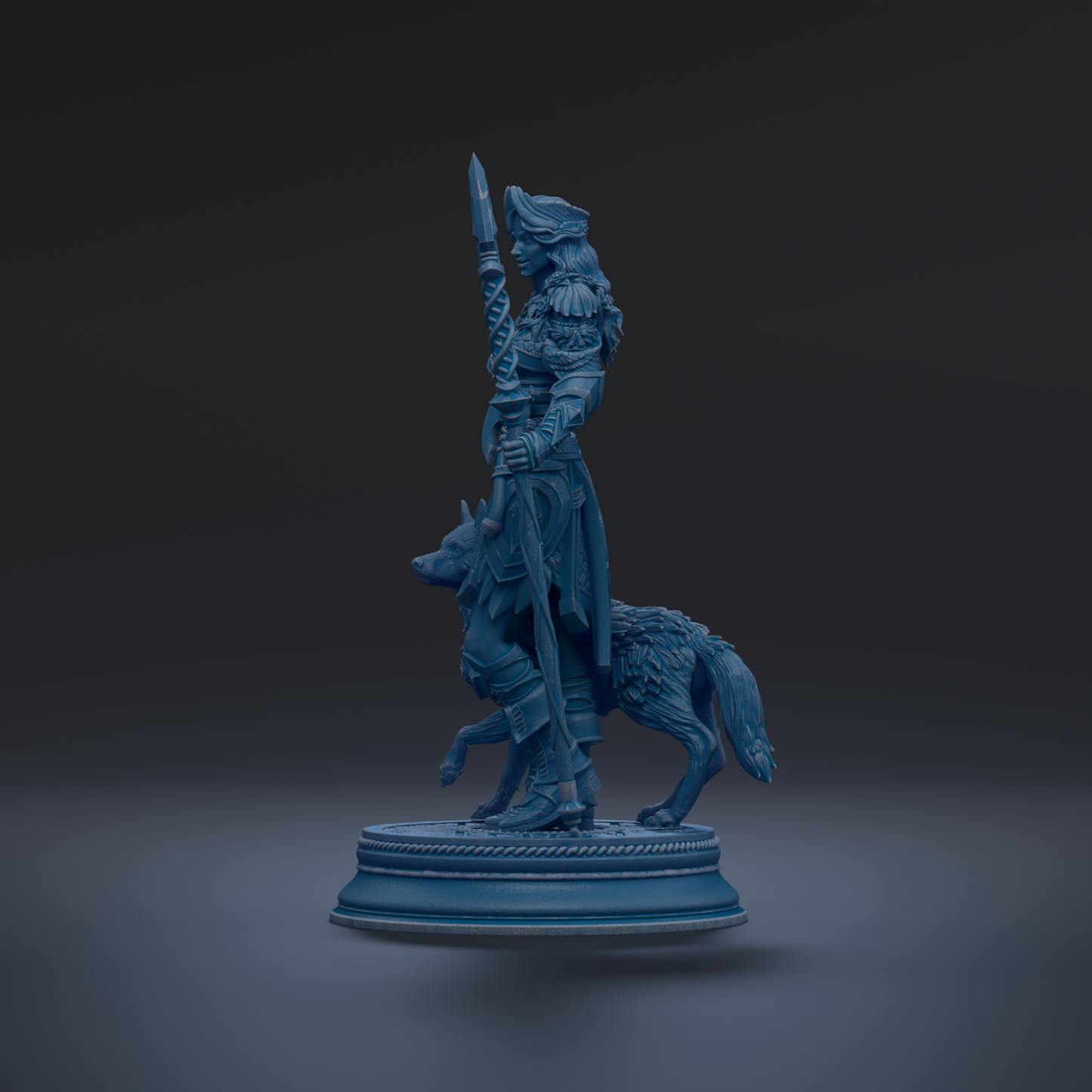 A blue statue of a warrior standing on a pedestal, holding a spear and accompanied by a wolf.