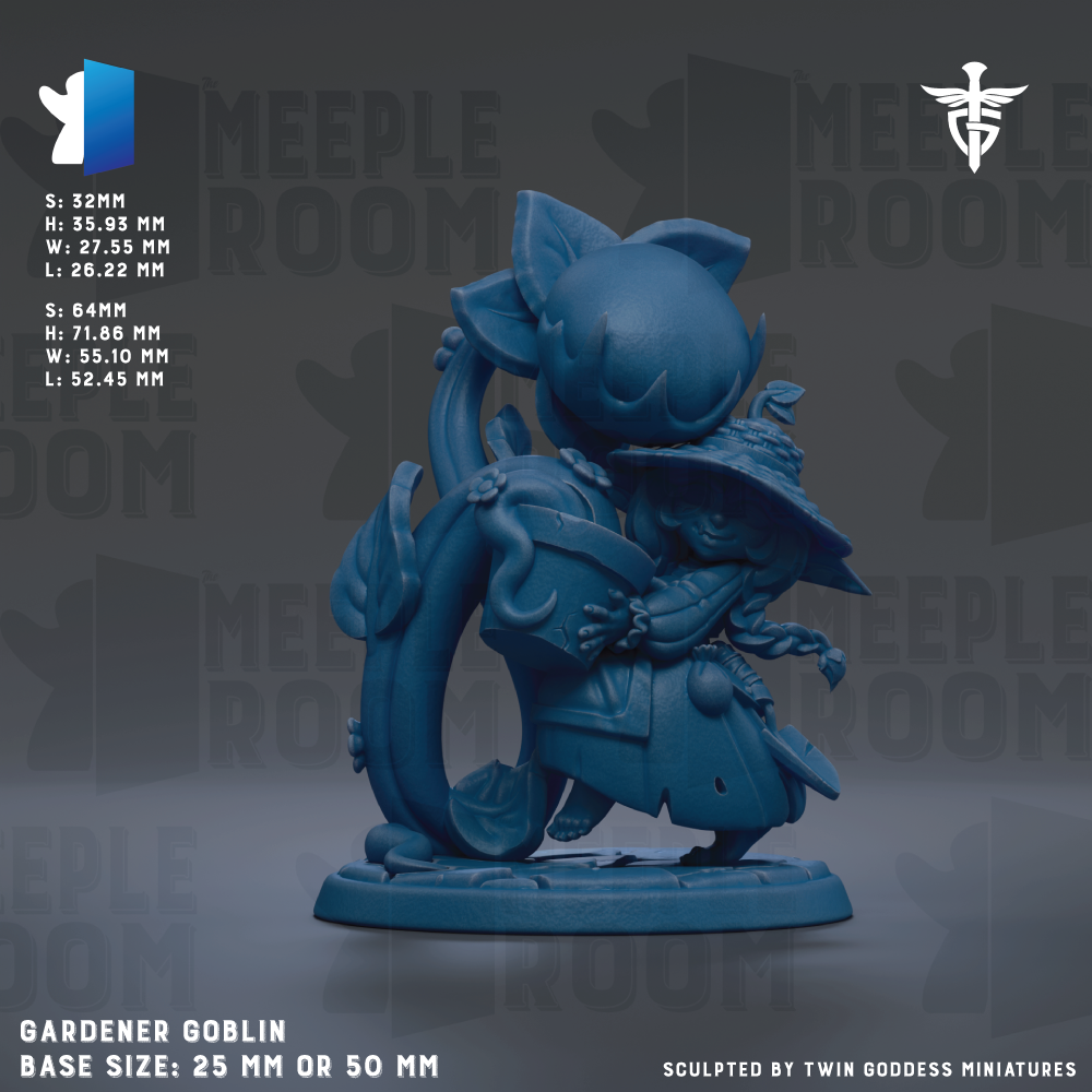 The image is a detailed model of a blue garden gnome figurine, with a base size of either 25mm or 50mm. The figurine is shown in a dynamic pose, with its head and arms wrapped around a plant or flower. The background features the repeating text "MEELPLE ROOM" in a stylized font, suggesting the setting or theme of the figurine. The image is described as a "Sculpted by Twin Goddesses miniatures", indicating that the figurine is created by these miniatures.