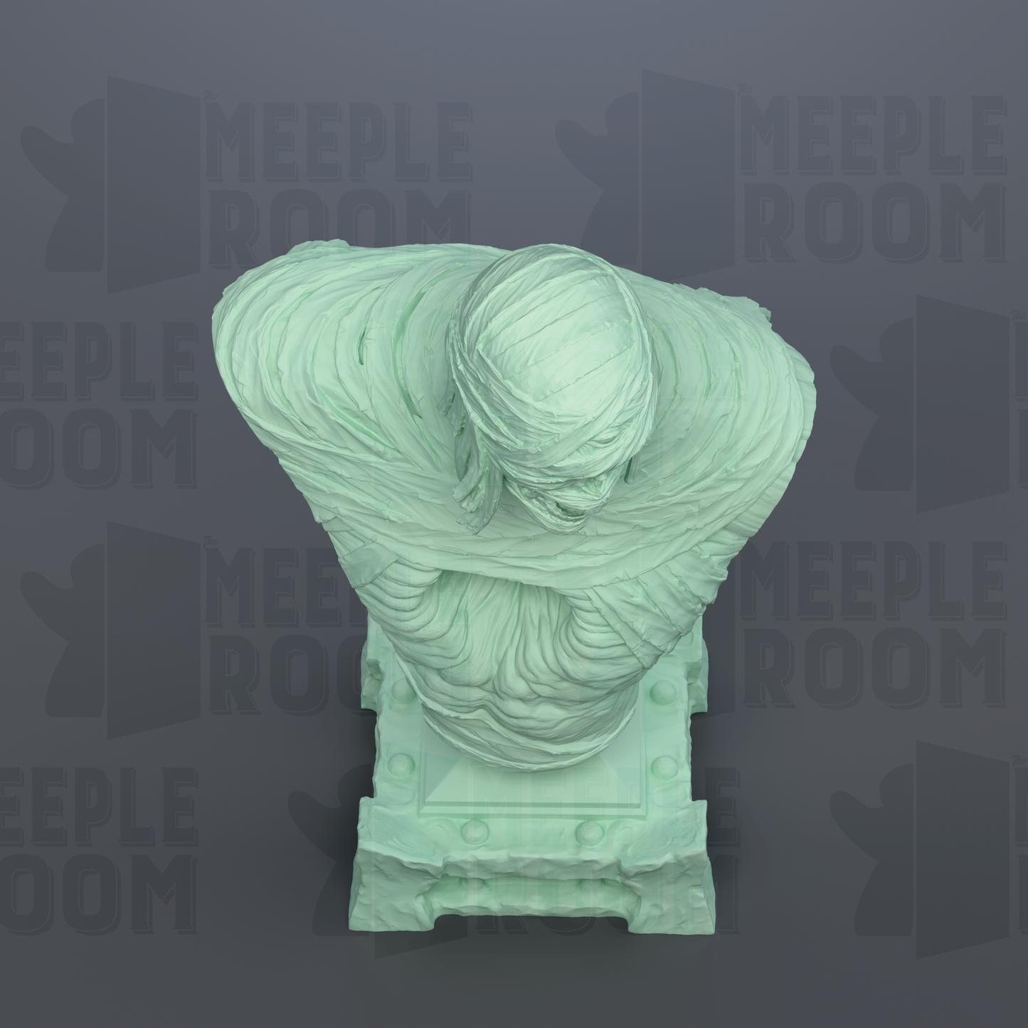 A green, sculpted bust of a person's head is displayed against a dark background with repeated text.