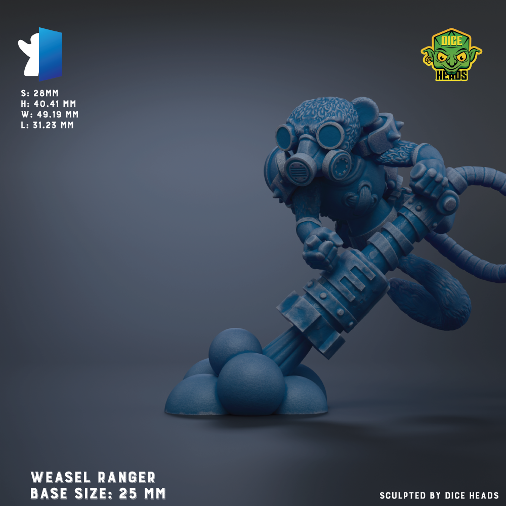 A 3D rendering of a blue armored character, likely a Weasel Ranger, with various base sizes and dimensions provided.