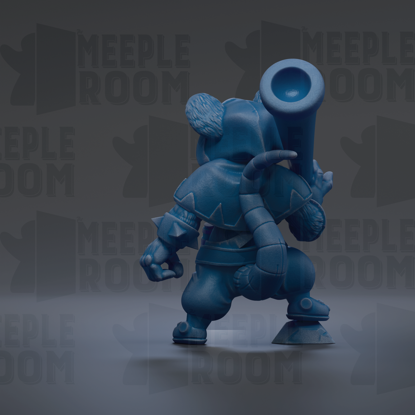 A blue 3D model of a character with a large horn-like object on its head, standing on a platform.