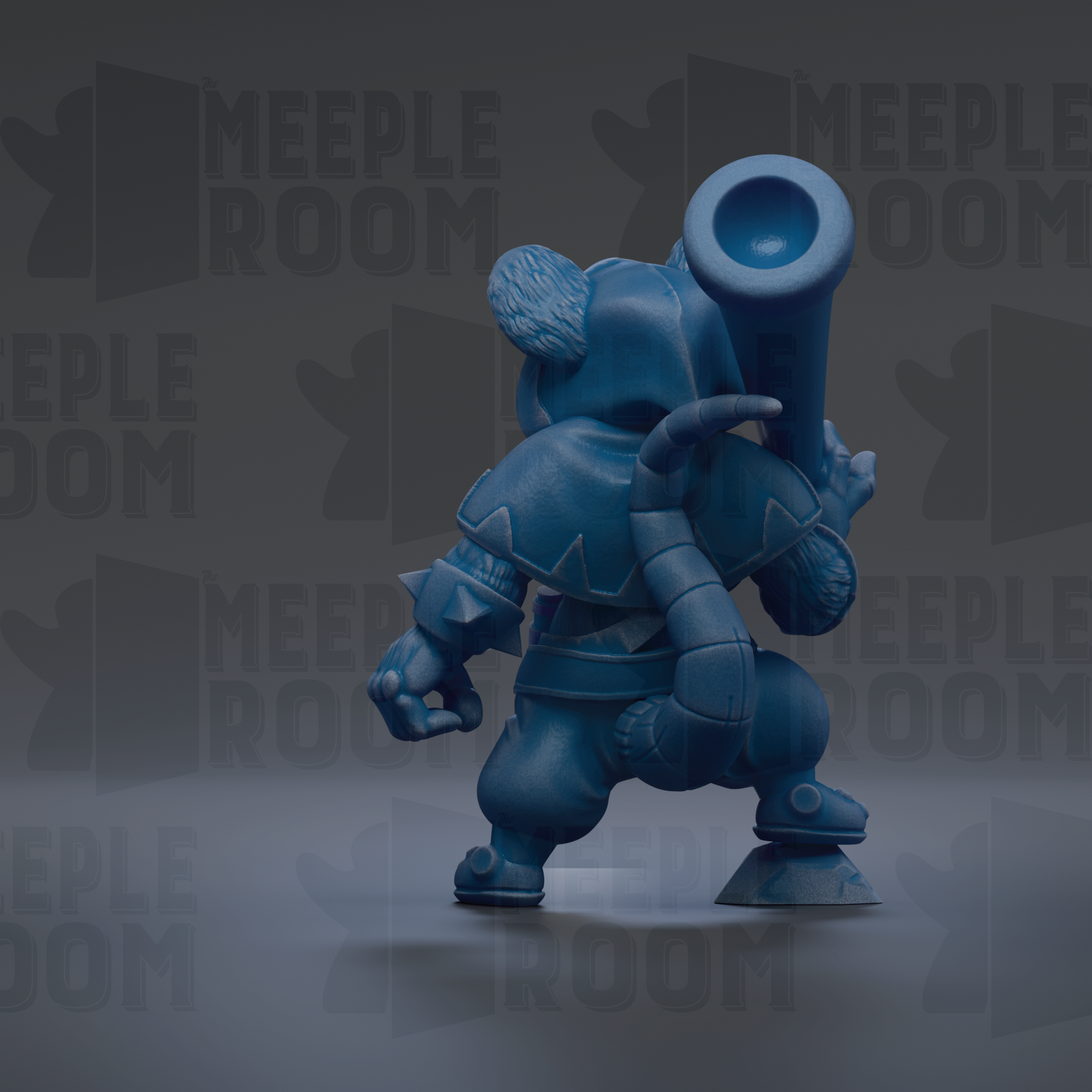 A blue 3D model of a character with a large horn-like object on its head, standing on a platform.