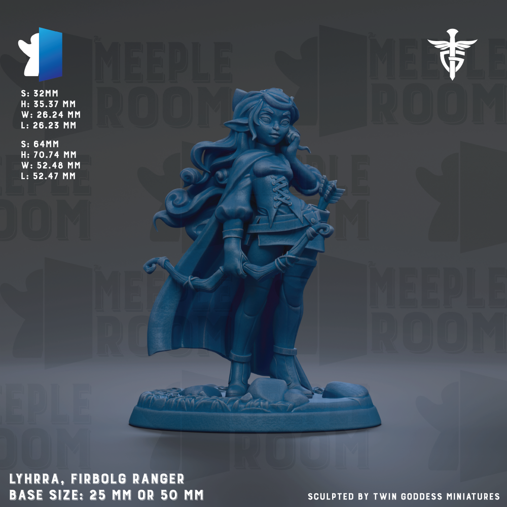 The image is a detailed 3D model of a female character, specifically a female warrior or ranger, with a blue color scheme. The character is standing on a base and holding a weapon, possibly a bow or arrow. The image is described as a "meadow" and "meadow room" and is labeled as a "LYHRRA, FIRBOLG RANGER". The base size of the figure is either 25mm or 50mm. The image is described as "Sculpted by Twin Goddess Miniatures".