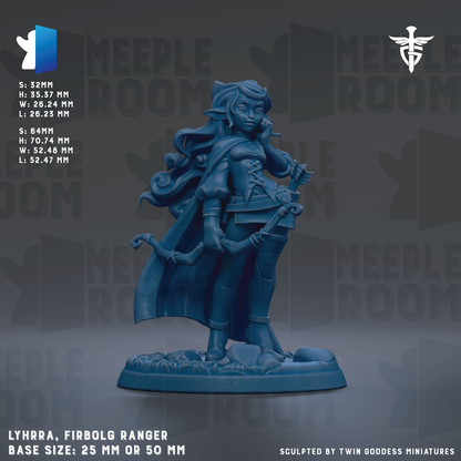 The image is a detailed 3D model of a female character, specifically a female warrior or ranger, with a blue color scheme. The character is standing on a base and holding a weapon, possibly a bow or arrow. The image is described as a "meadow" and "meadow room" and is labeled as a "LYHRRA, FIRBOLG RANGER". The base size of the figure is either 25mm or 50mm. The image is described as "Sculpted by Twin Goddess Miniatures".