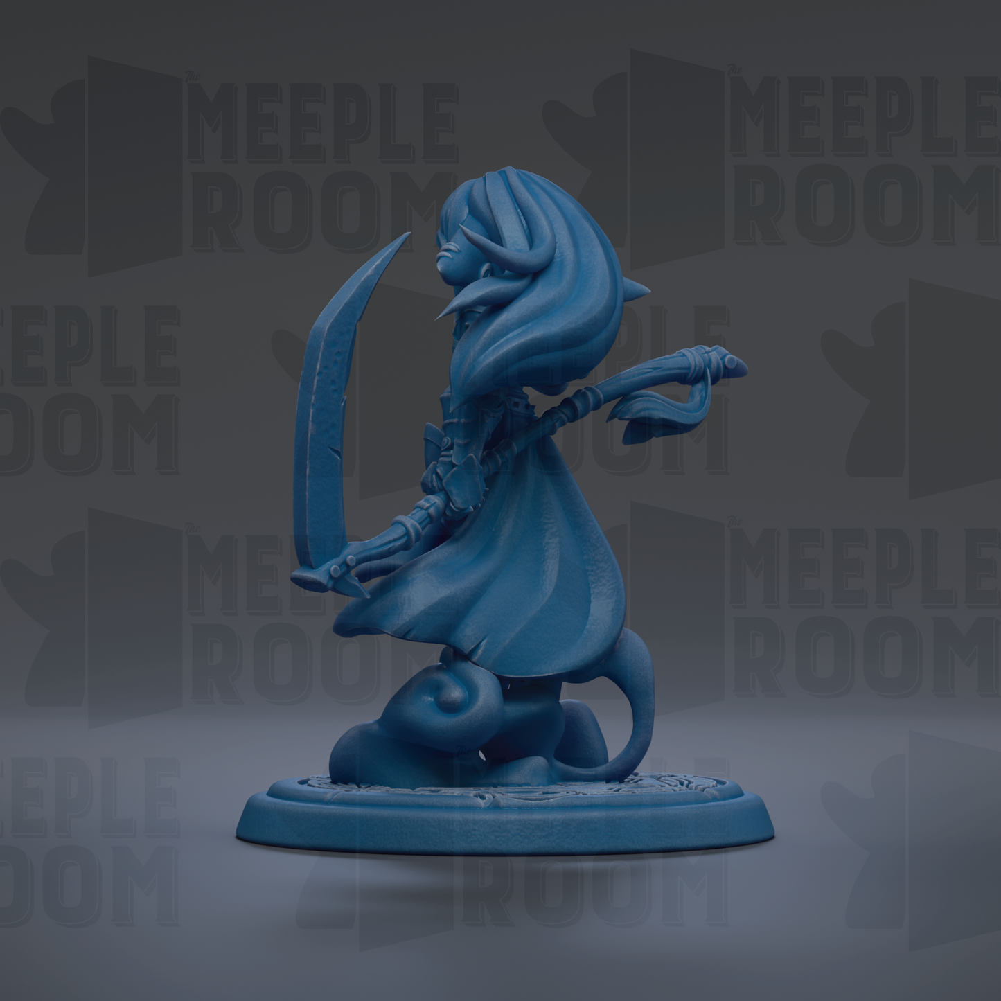 A blue figurine of a character with long hair and a flowing cape, holding a sword, is displayed against a dark background with repeated text.