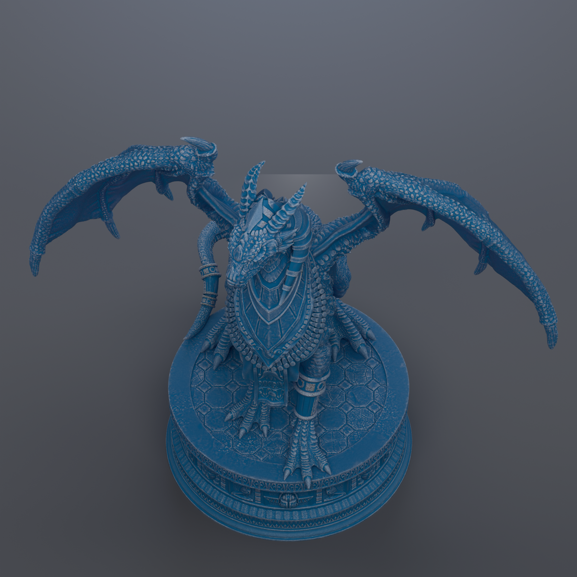 A detailed 3D rendering of a blue dragon statue with outstretched wings, sitting on a circular base.
