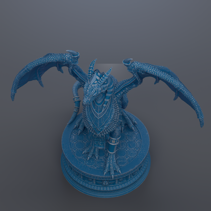 A detailed 3D rendering of a blue dragon statue with outstretched wings, sitting on a circular base.