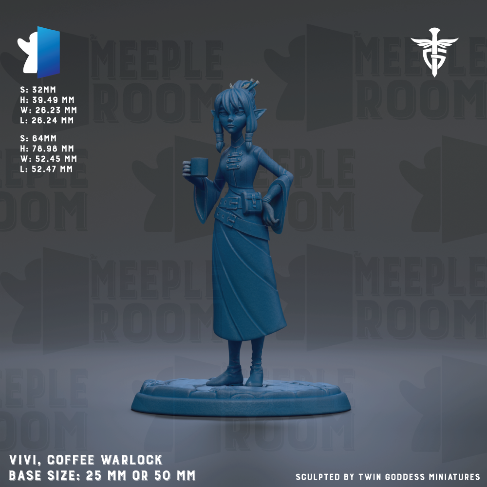 The image is a figurine of a female character, possibly a coffee-drinker, standing on a base. The figurine is described as a "VIVI, COFFEE WARLOCK" and is made of a material that appears to be either 25mm or 50mm. The figurine is sculpted by "TWIN GODESS MINIATURES".