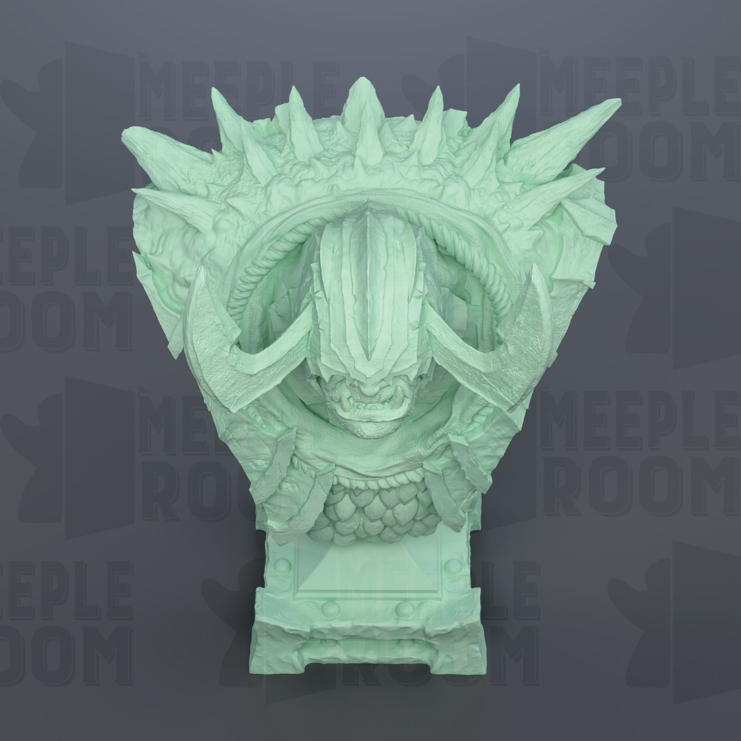 a detailed, sculpted statue of a dragon-like creature with sharp teeth and spikes, set against a dark background.