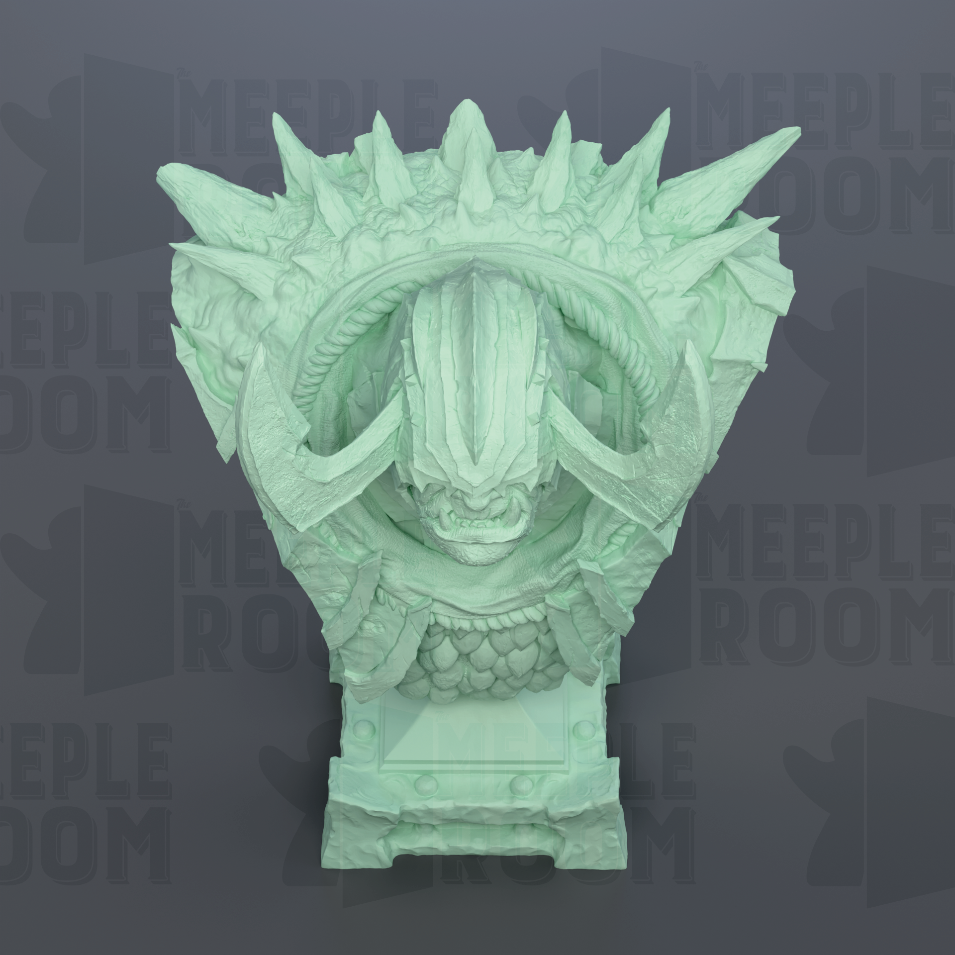 a detailed, sculpted statue of a dragon-like creature with sharp teeth and spikes, set against a dark background.