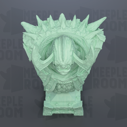 a detailed, sculpted statue of a dragon-like creature with sharp teeth and spikes, set against a dark background.