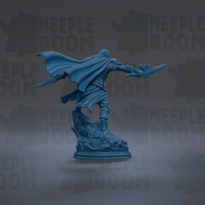 A blue figurine of a warrior wielding a sword and shield stands on a rock formation against a dark background with repeated "MEIPLLE ROOM" text.