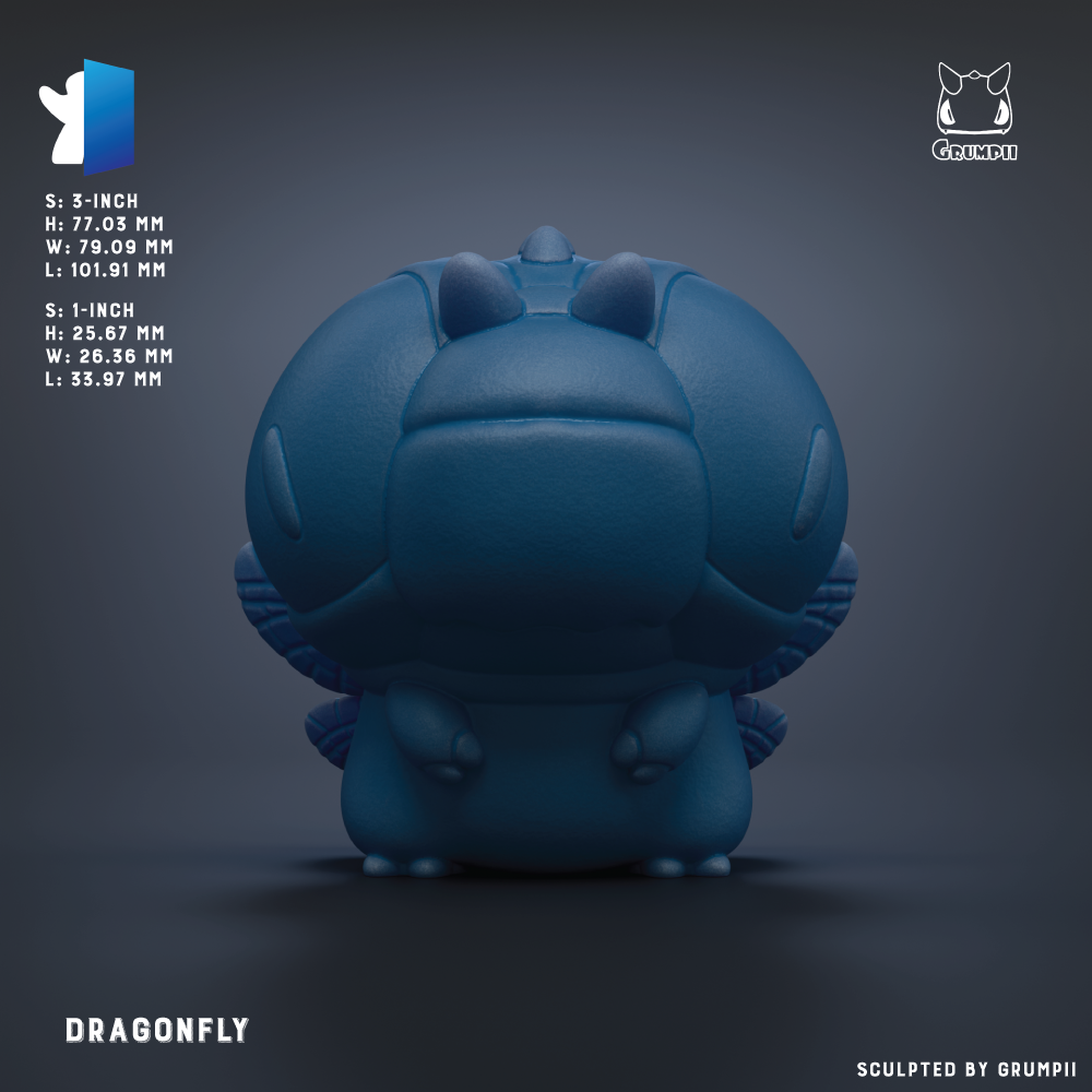 A 3D rendering of a blue dragonfly figurine.