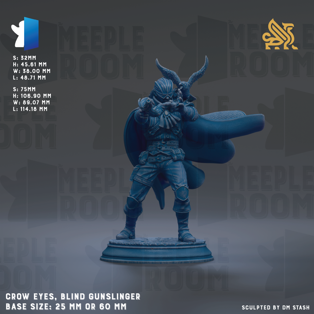 a figurine of a Crow Eyes, a blind gunslinger, with a cape and a sword. The figurine is shown in a dynamic pose, standing on a base that is either 25mm or 60mm in size. The figurine is set against a dark background with the text "MEIPLLE ROOM" repeated multiple times. The image is a sculpture, and the base size is either 25mm or 60mm. The image is not a collage of multiple images, and it does not include any descriptions of the image itself.